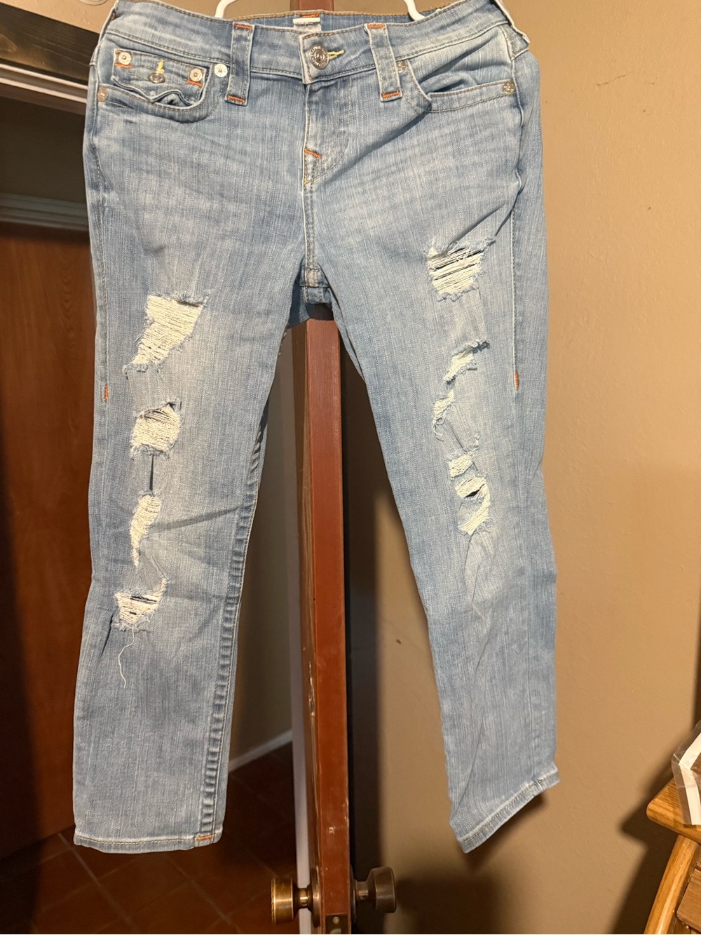 True Religion Light Blue Distressed Ankle Jeans